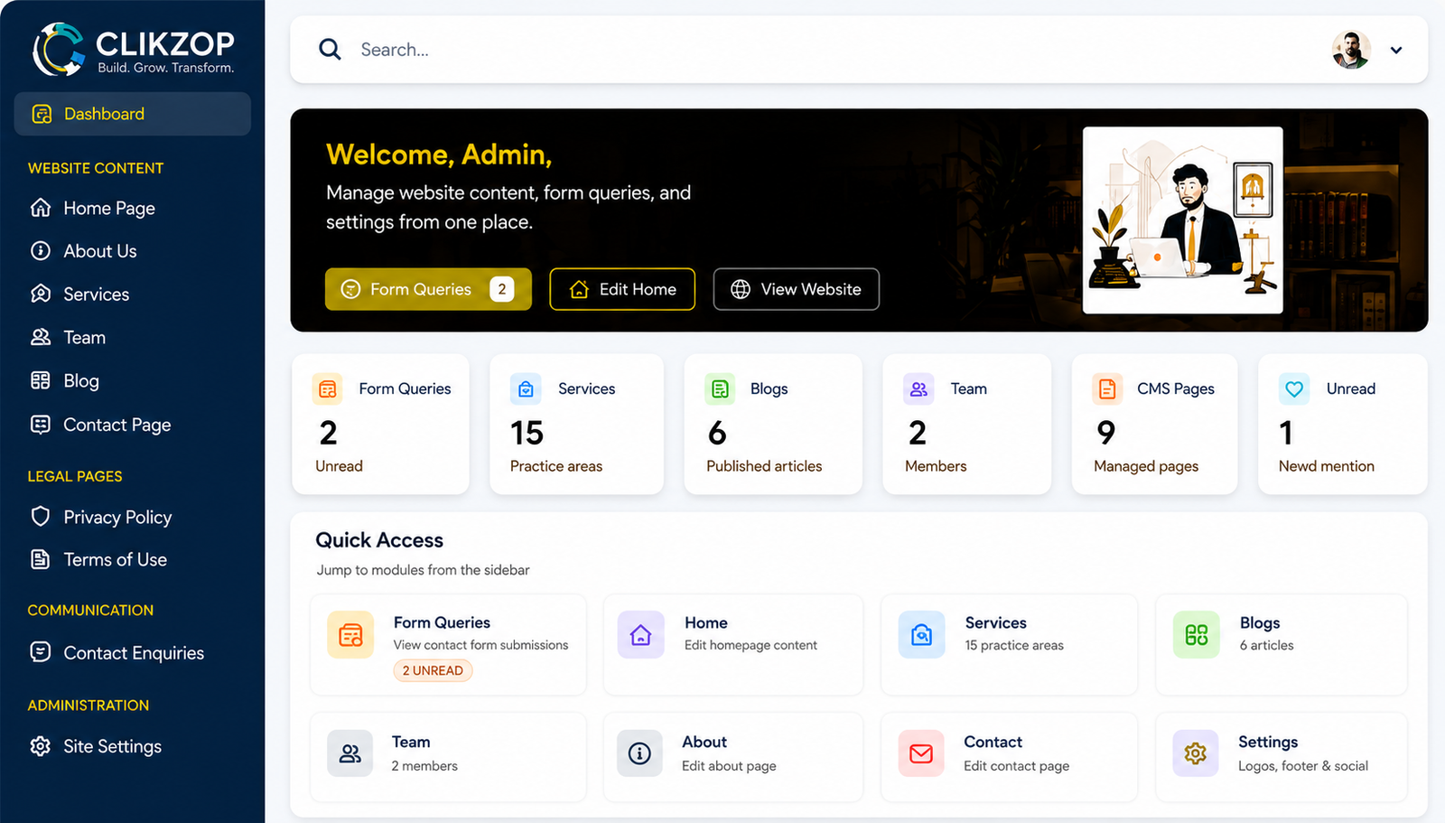 Custom website management dashboard